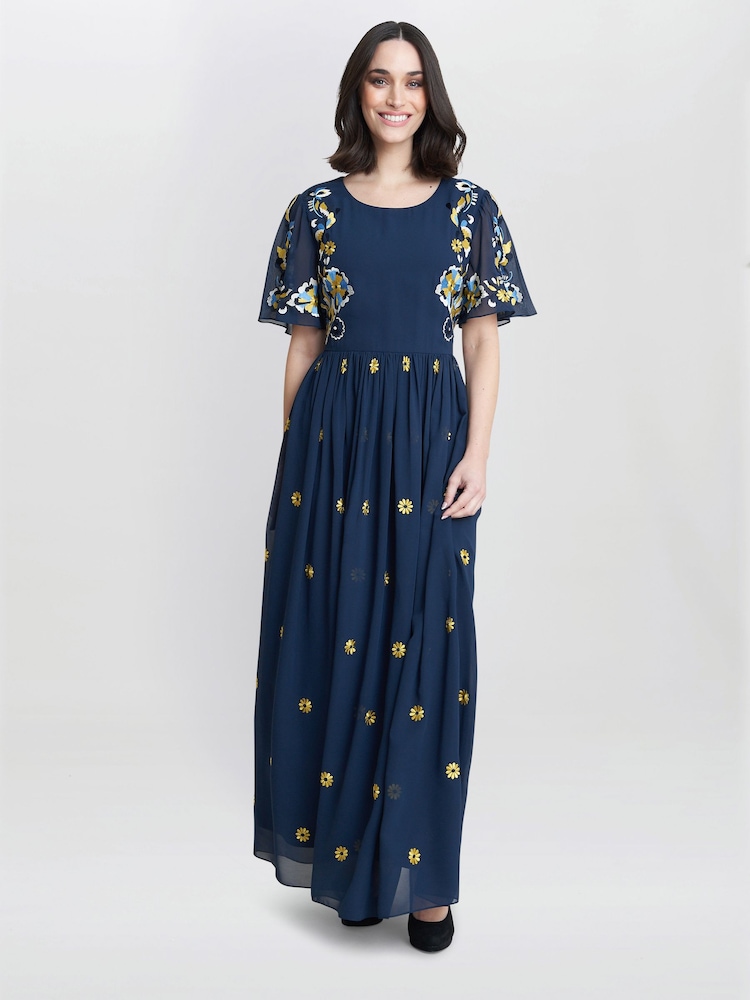 Gina Bacconi Blue Embroidered Dress With Flowers - Image 1 of 5