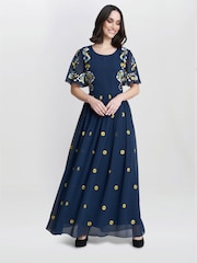 Gina Bacconi Blue Embroidered Dress With Flowers - Image 3 of 5