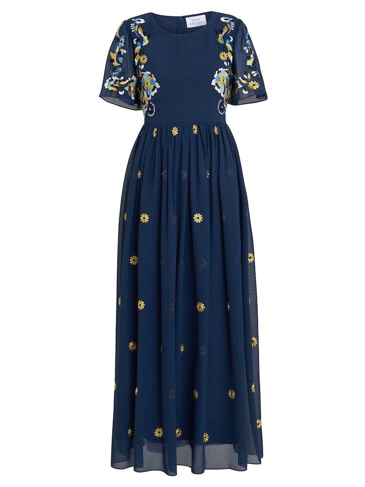 Gina Bacconi Blue Embroidered Dress With Flowers - Image 5 of 5