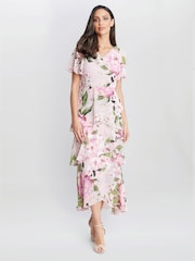 Gina Bacconi Pink Olivia Printed Cowl Neck Maxi Tiered Dress With Shoulder Embellishment - Image 1 of 5