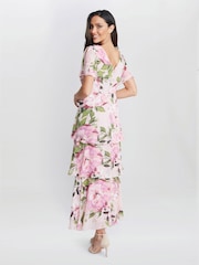 Gina Bacconi Pink Olivia Printed Cowl Neck Maxi Tiered Dress With Shoulder Embellishment - Image 2 of 5