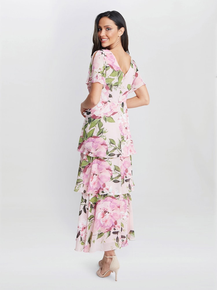 Gina Bacconi Pink Olivia Printed Cowl Neck Maxi Tiered Dress With Shoulder Embellishment - Image 2 of 5