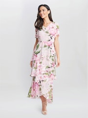 Gina Bacconi Pink Olivia Printed Cowl Neck Maxi Tiered Dress With Shoulder Embellishment - Image 3 of 5