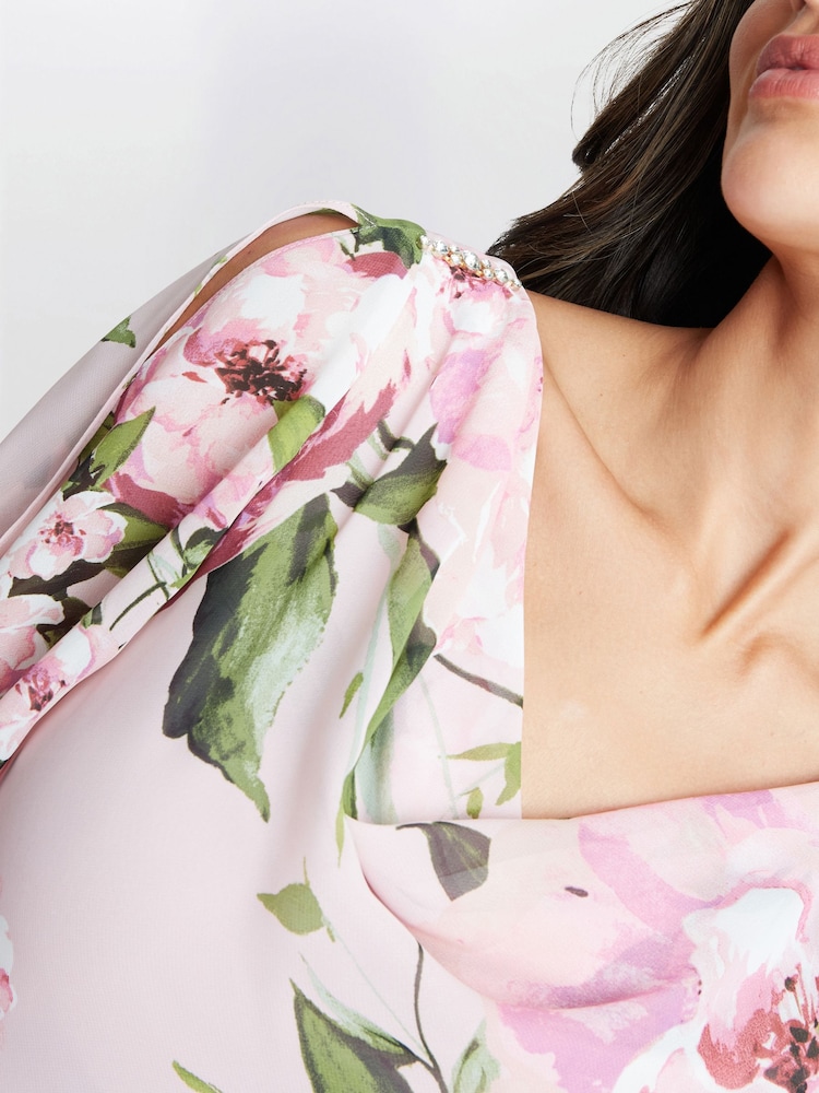 Gina Bacconi Pink Olivia Printed Cowl Neck Maxi Tiered Dress With Shoulder Embellishment - Image 4 of 5