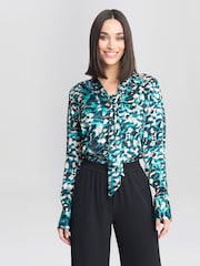 Gina Bacconi Green Avril Satin Pussy Bow Blouse - Image 4 of 5