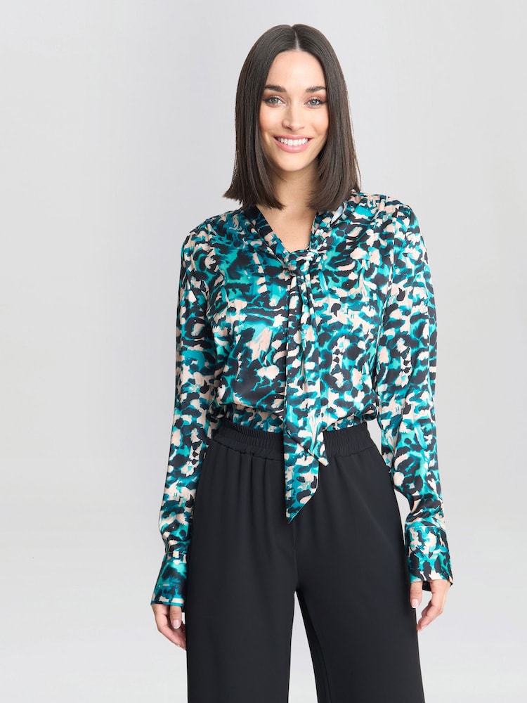 Gina Bacconi Green Avril Satin Pussy Bow Blouse - Image 4 of 5