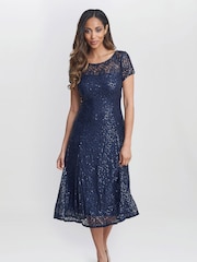 Gina Bacconi Blue Genny Cap Sleeve Midi Length Sequin Lace Dress - Image 1 of 5