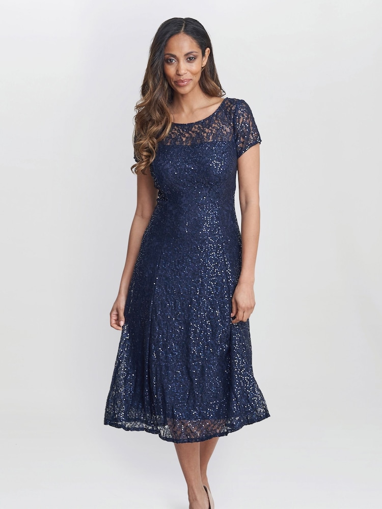 Gina Bacconi Blue Genny Cap Sleeve Midi Length Sequin Lace Dress - Image 1 of 5
