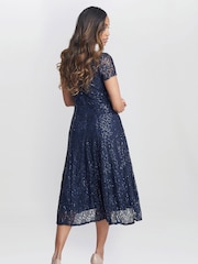 Gina Bacconi Blue Genny Cap Sleeve Midi Length Sequin Lace Dress - Image 2 of 5