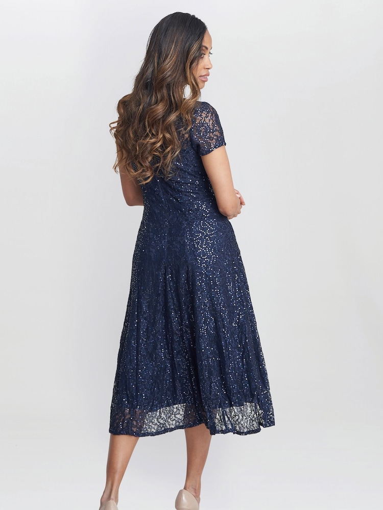 Gina Bacconi Blue Genny Cap Sleeve Midi Length Sequin Lace Dress - Image 2 of 5