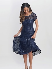Gina Bacconi Blue Genny Cap Sleeve Midi Length Sequin Lace Dress - Image 3 of 5