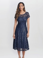Gina Bacconi Blue Genny Cap Sleeve Midi Length Sequin Lace Dress - Image 5 of 5