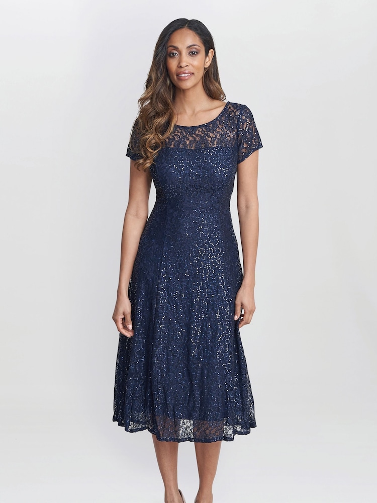 Gina Bacconi Blue Genny Cap Sleeve Midi Length Sequin Lace Dress - Image 5 of 5