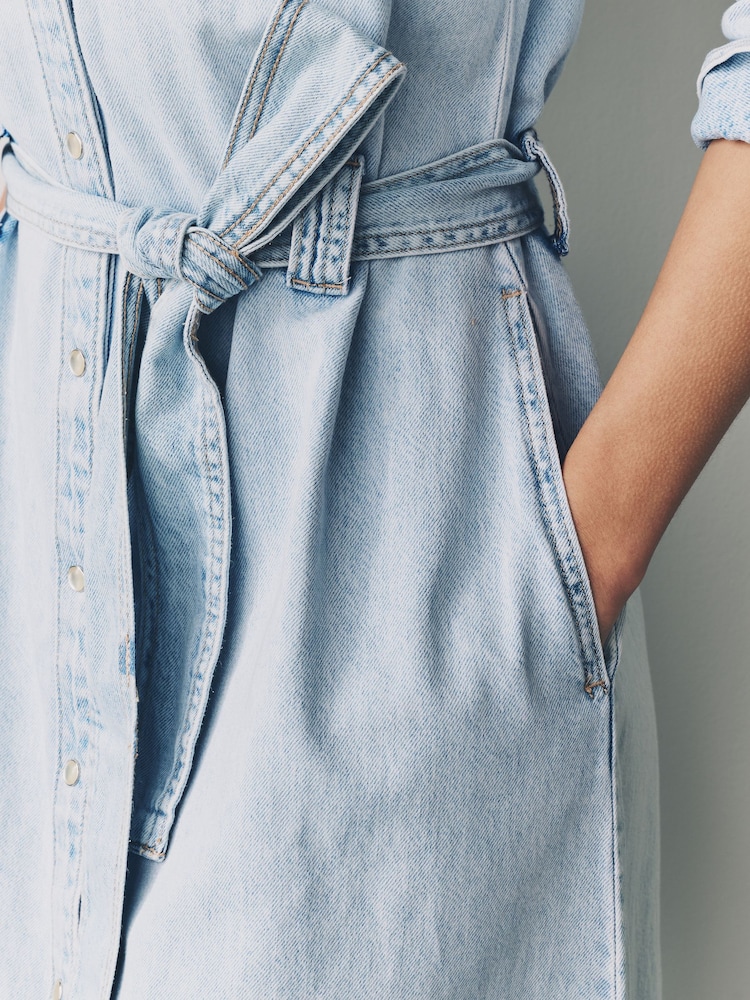 Bleu délavé - Peignoir mi-long en Denim étagées 100% coton - Image 4 of 7