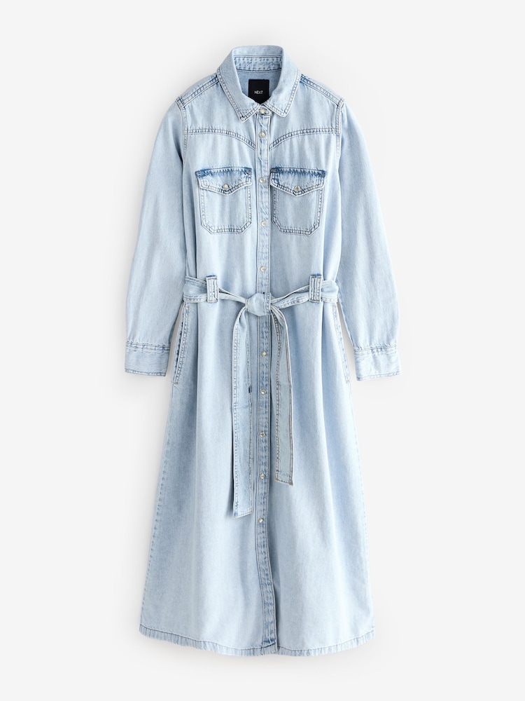 Bleu délavé - Peignoir mi-long en Denim étagées 100% coton - Image 5 of 7
