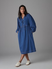 Mid Blue Tie Front Denim Midi Smock 100% Cotton Dress - Image 1 of 6