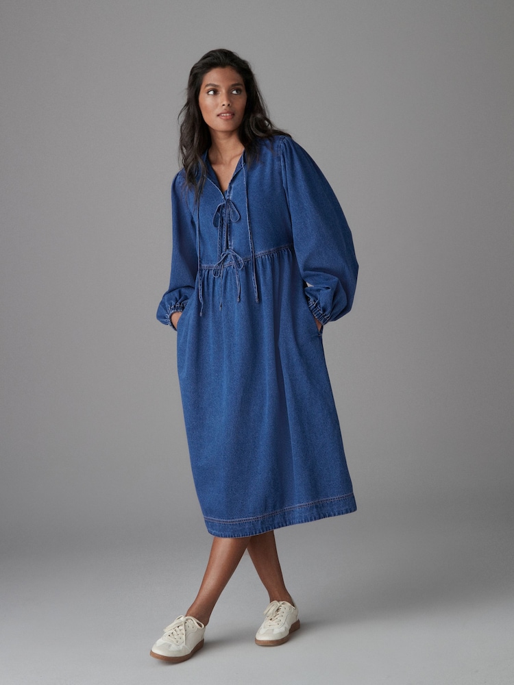 Mid Blue Tie Front Denim Midi Smock 100% Cotton Dress - Image 1 of 6