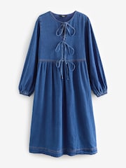 Mid Blue Tie Front Denim Midi Smock 100% Cotton Dress - Image 4 of 6