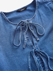 Mid Blue Tie Front Denim Midi Smock 100% Cotton Dress - Image 5 of 6