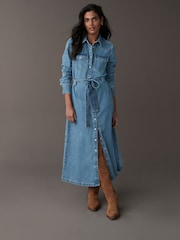 Bleu moyen - Peignoir mi-long en Denim étagées 100% coton - Image 1 of 11
