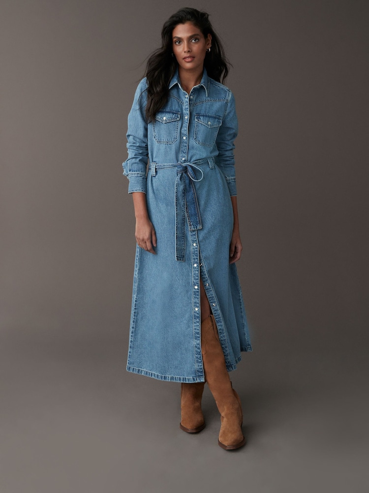 Bleu moyen - Peignoir mi-long en Denim étagées 100% coton - Image 1 of 11