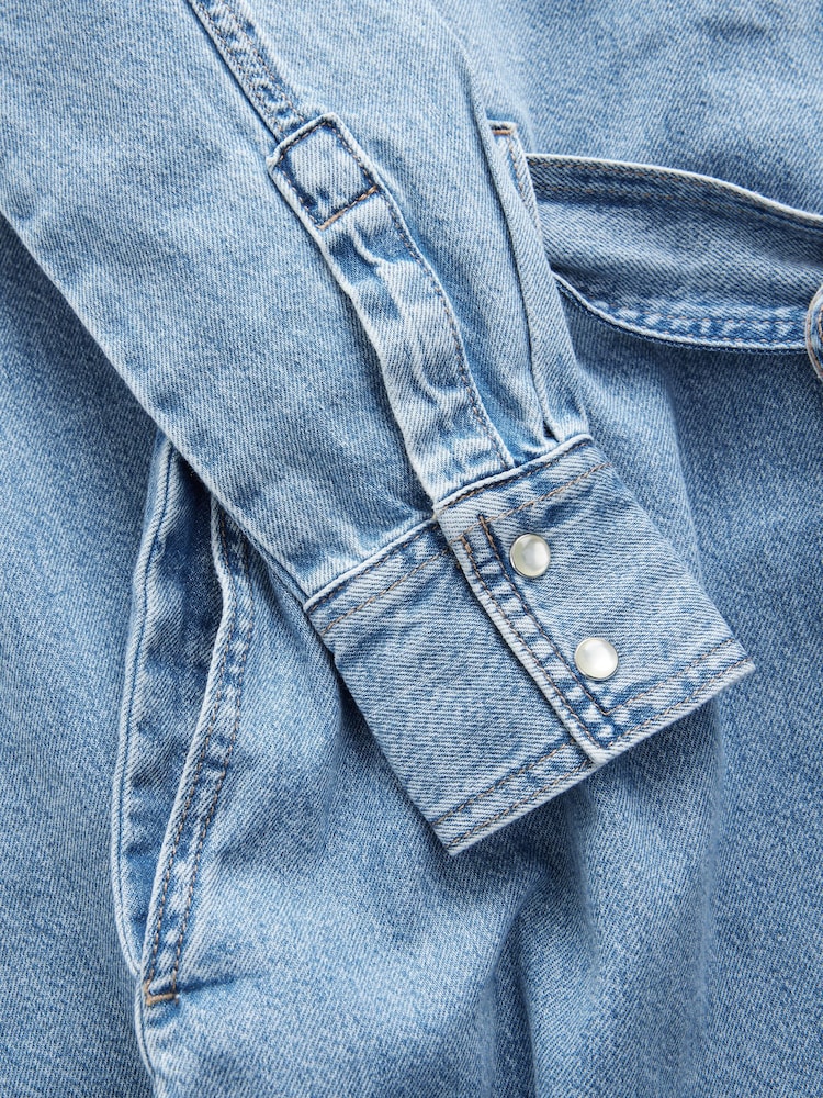Bleu moyen - Peignoir mi-long en Denim étagées 100% coton - Image 10 of 11