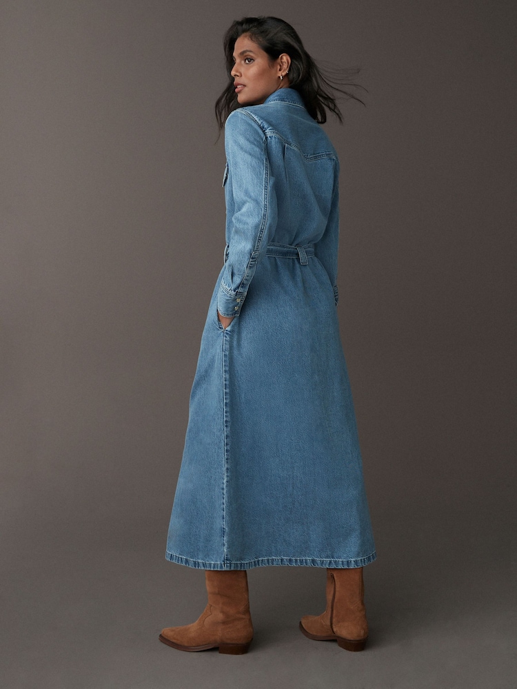 Bleu moyen - Peignoir mi-long en Denim étagées 100% coton - Image 3 of 11