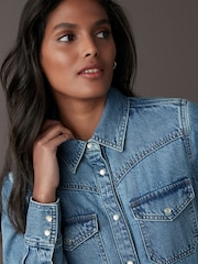 Bleu moyen - Peignoir mi-long en Denim étagées 100% coton - Image 4 of 11