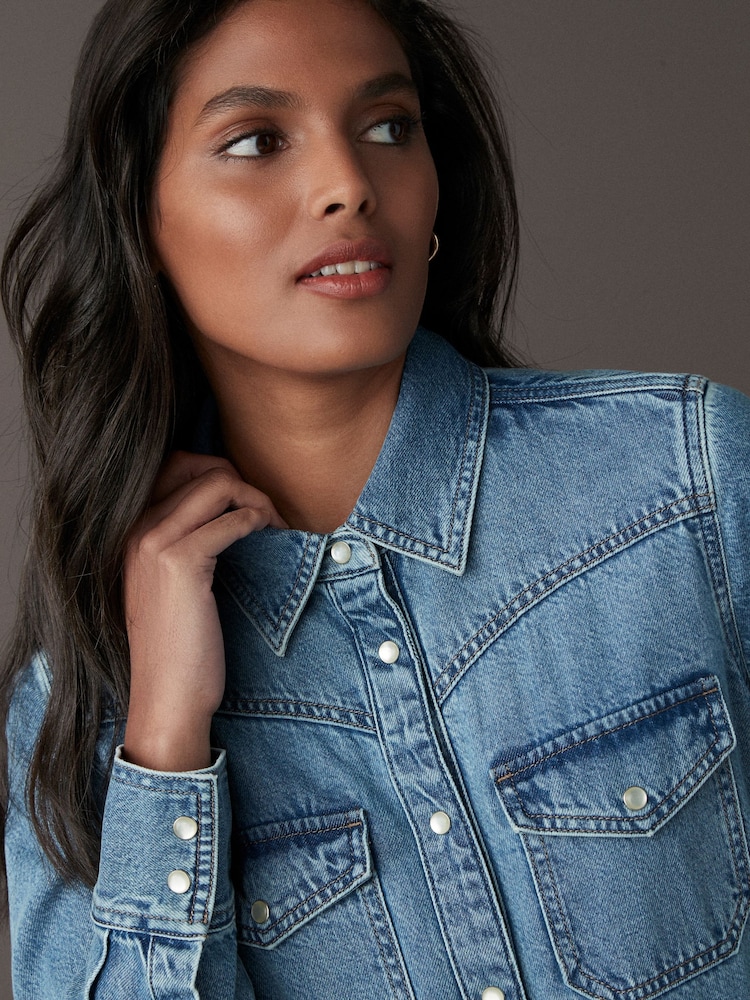 Bleu moyen - Peignoir mi-long en Denim étagées 100% coton - Image 4 of 11