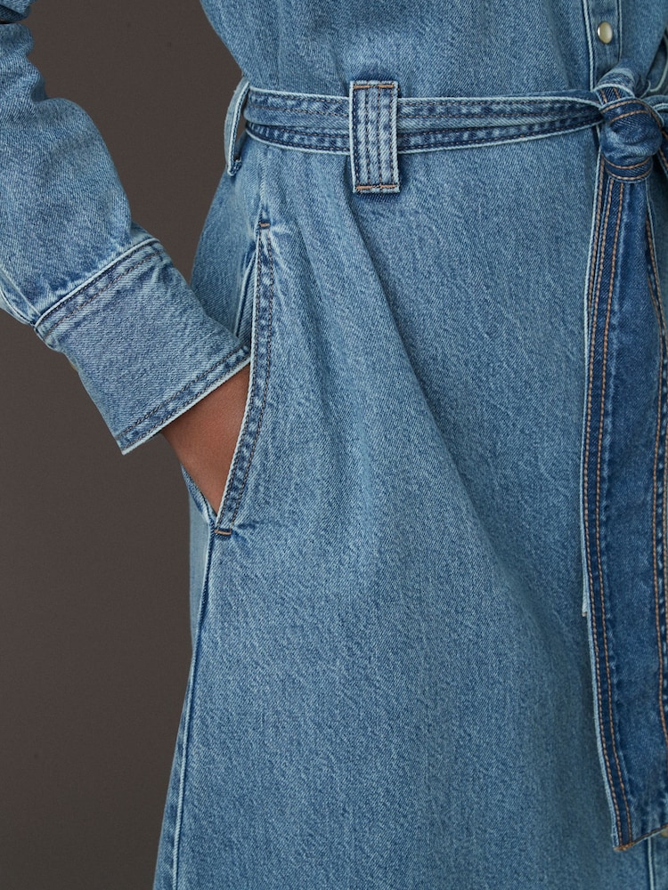 Bleu moyen - Peignoir mi-long en Denim étagées 100% coton - Image 5 of 11
