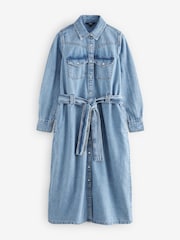 Bleu moyen - Peignoir mi-long en Denim étagées 100% coton - Image 6 of 11