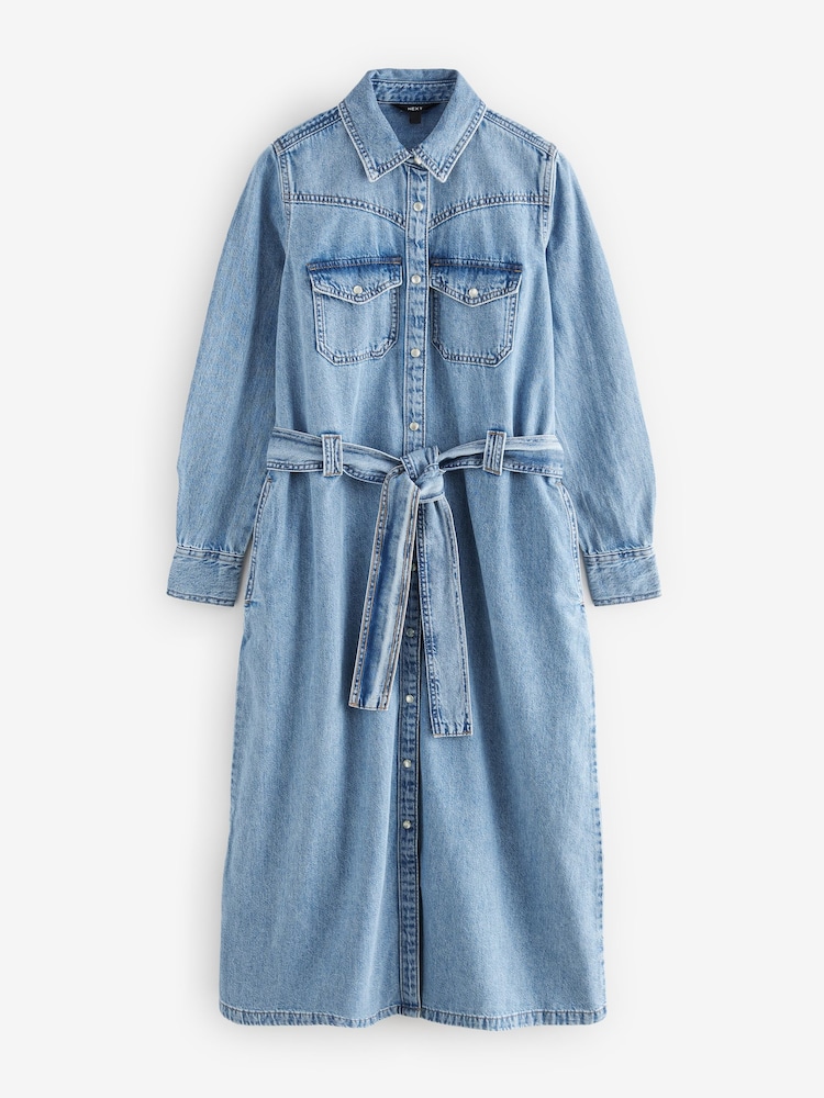 Bleu moyen - Peignoir mi-long en Denim étagées 100% coton - Image 6 of 11