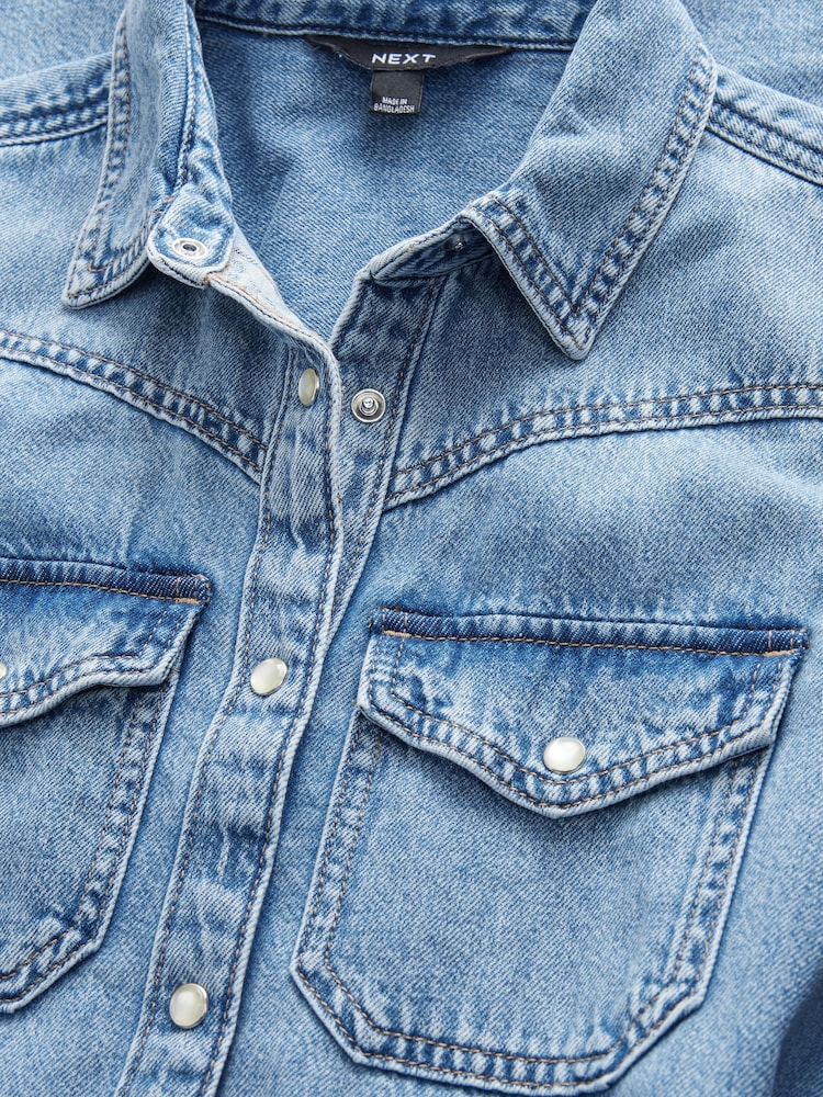 Bleu moyen - Peignoir mi-long en Denim étagées 100% coton - Image 7 of 11