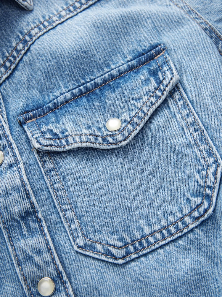 Bleu moyen - Peignoir mi-long en Denim étagées 100% coton - Image 8 of 11