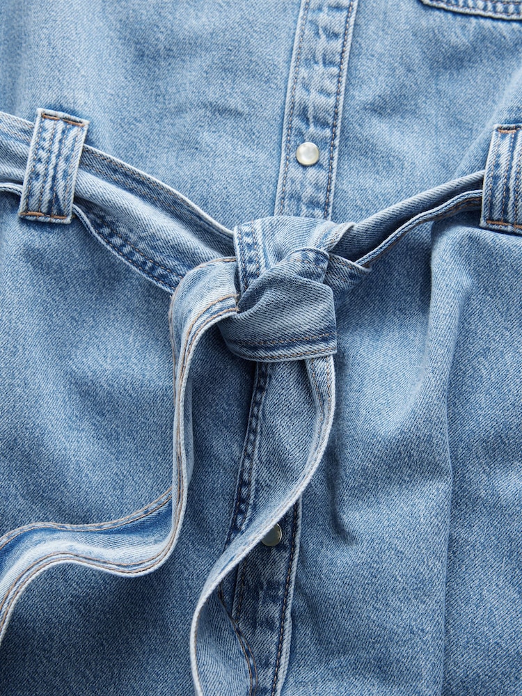 Bleu moyen - Peignoir mi-long en Denim étagées 100% coton - Image 9 of 11