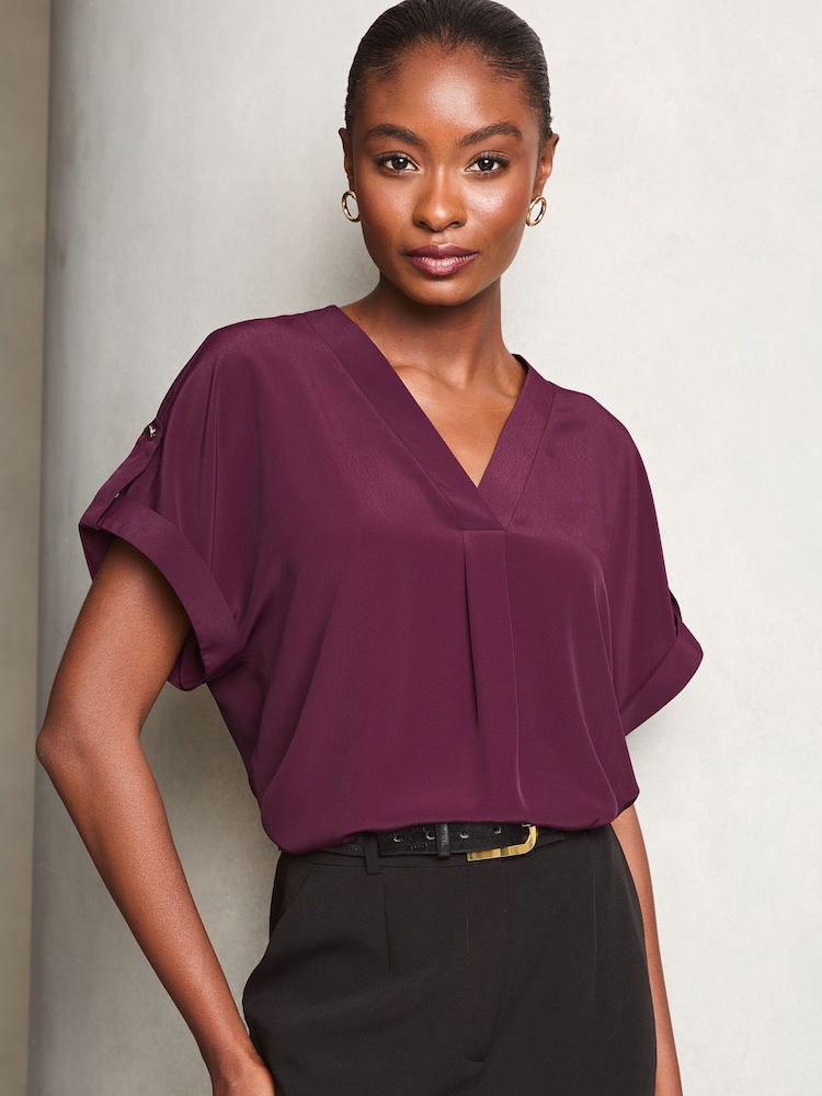 Lipsy Berry Red Utility V Neck Short Roll Sleeve Top - Image 1 of 4