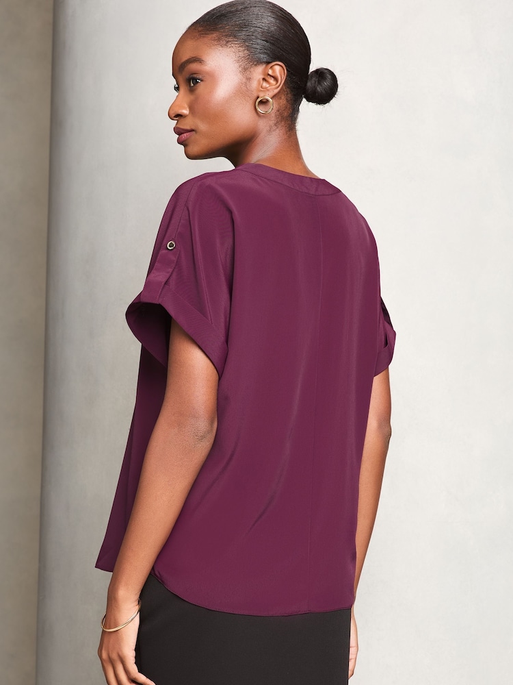 Lipsy Berry Red Utility V Neck Short Roll Sleeve Top - Image 2 of 4