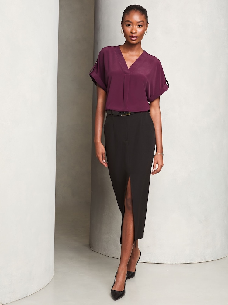 Lipsy Berry Red Utility V Neck Short Roll Sleeve Top - Image 3 of 4