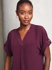 Lipsy Berry Red Utility V Neck Short Roll Sleeve Top - Image 4 of 4