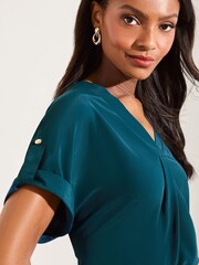 Lipsy Blue Petite Utility V Neck Short Roll Sleeve Top - Image 2 of 4