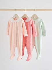 Pink 100% Cotton Collar Baby Sleepsuits 3 Pack (0-2yrs) - Image 1 of 12