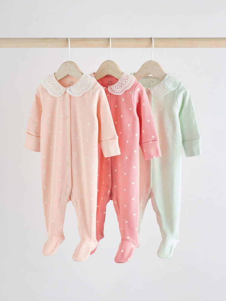 Pink 100% Cotton Collar Baby Sleepsuits 3 Pack (0-2yrs) - Image 1 of 12