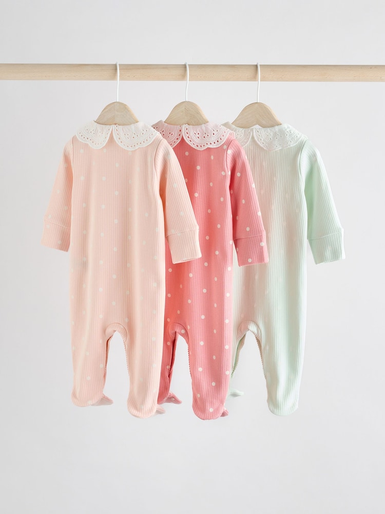 Pink 100% Cotton Collar Baby Sleepsuits 3 Pack (0-2yrs) - Image 2 of 12