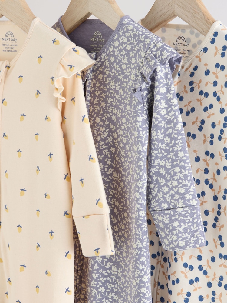 כחול דובדבנים - Two Way 100% Cotton Zip Baby Sleepsuits 3 Pack (0-2yrs) - Image 7 of 10