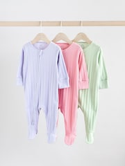 Multi 100% Cotton Rib Baby Two Way Zip Sleepsuits 3 Pack (0mths-2yrs) - Image 1 of 12
