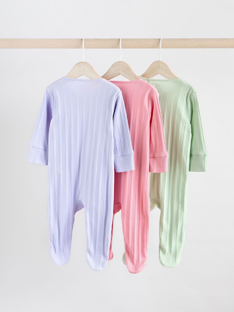 Multi 100% Cotton Rib Baby Two Way Zip Sleepsuits 3 Pack (0mths-2yrs) - Image 2 of 12