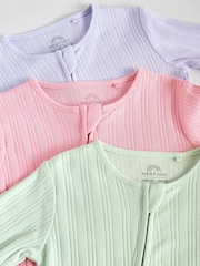 Multi 100% Cotton Rib Baby Two Way Zip Sleepsuits 3 Pack (0mths-2yrs) - Image 8 of 12