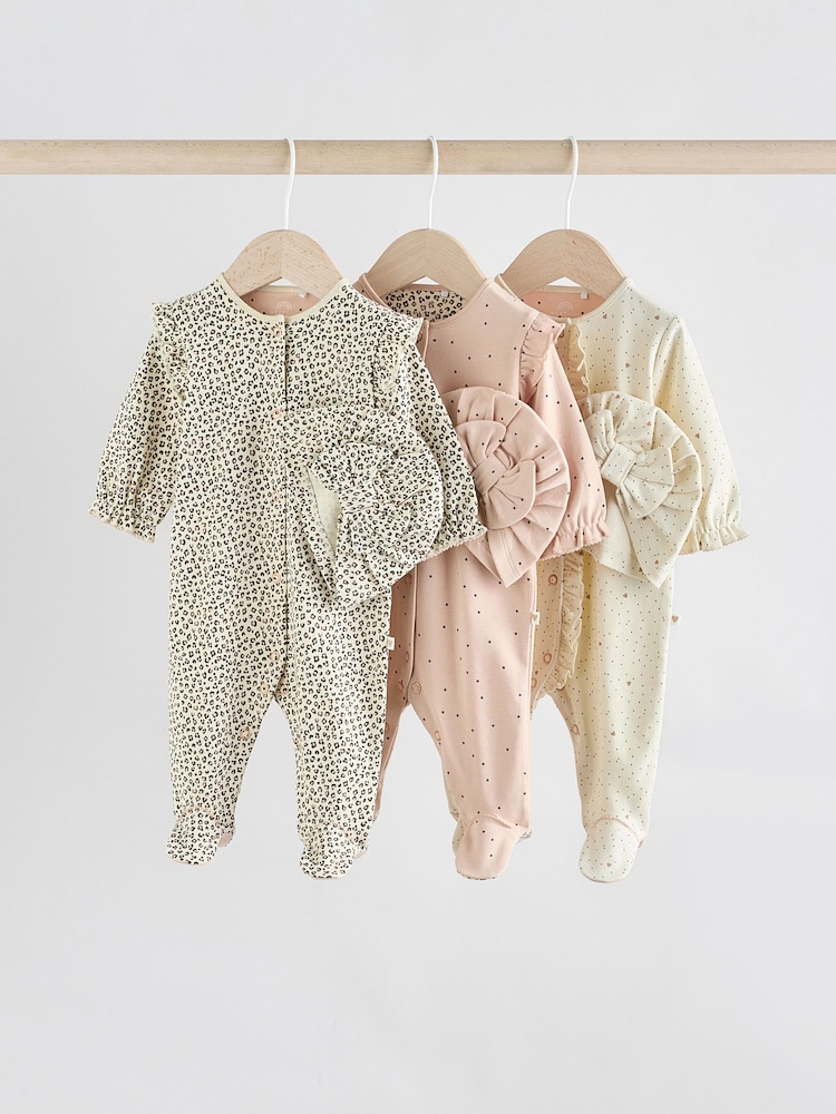 Pink Baby Sleepsuit with Matching 100% Cotton Turbans 3 Pack (0mths-2yrs) - Image 1 of 12 Pink Baby Sleepsuit with Matching 100% Cotton Turbans 3 Pack (0mths-2yrs) - Image 1 of 12