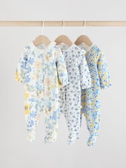 Blau - 100% Cotton Collar Floral Baby Sleepsuits 3 Pack (0-2yrs) - Bild 1 von 14