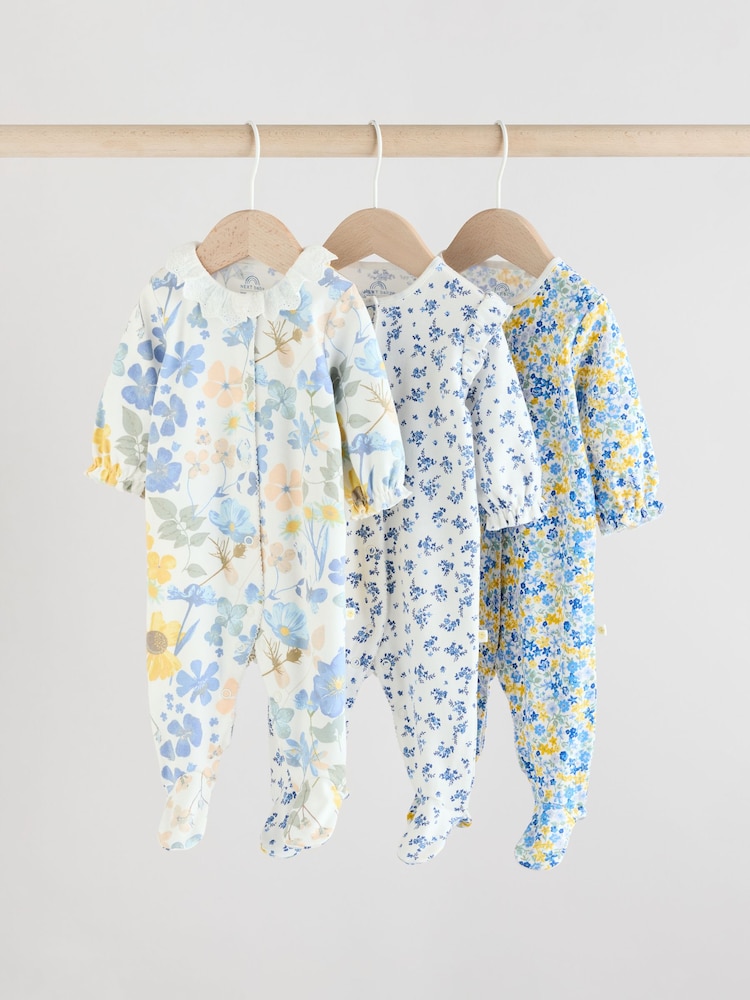 Blau - 100% Cotton Collar Floral Baby Sleepsuits 3 Pack (0-2yrs) - Bild 1 von 14